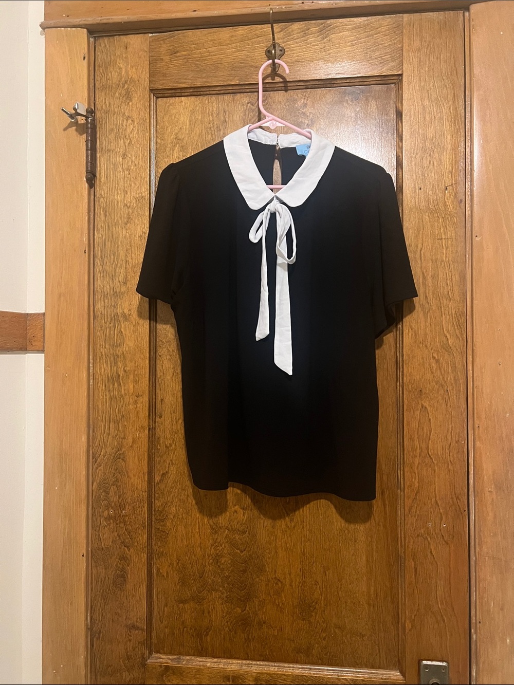 CeCe Black Blouse with White Peter Pan Collar and Tie Detail